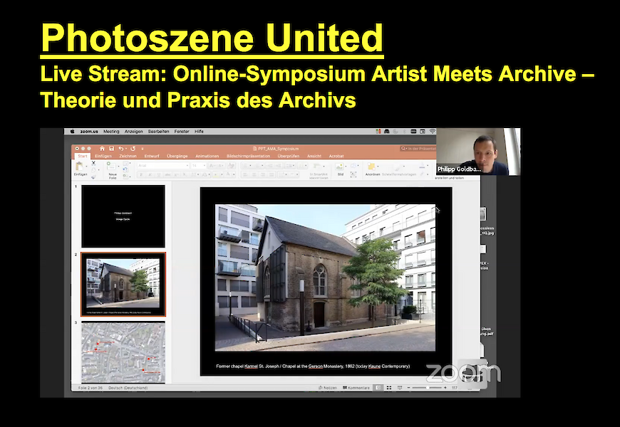Screenshot from Zoom with a presentation. Title: Photoszene United. Live Stream