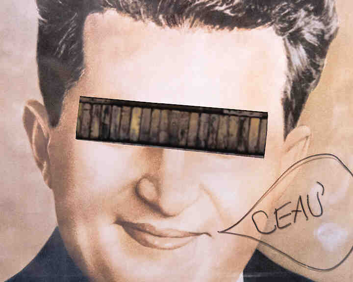 Der frühere rumänische Diktator Ceausescu ist im Portrait zu sehen. Seine Augen sind mit einem Balken, in dem ein Gitter zu sehen ist, verdeckt.  © Hanna Tomin