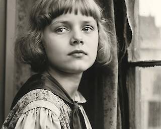 Ein junges Mädchen mit kurzen Haaren blickt nachdenklich aus einem Fenster, gekleidet in ein Vintage-Kleid mit gemusterten Ärmeln und einem Band. Elena Efeoglou, Anda, 2025, KI generiertes Bild zu August Sander, Mädchen im Kirmeswagen, 1926–1932 © Elena Efeoglou