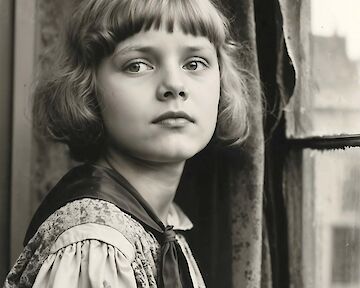 A young girl with short hair gazes thoughtfully out of a window, wearing a vintage-style dress with patterned sleeves and a ribbon. Elena Efeoglou, Anda, 2025, AI-generated image based on August Sander, Girl in Fairground Caravan, 1926–1932 © Elena Efeoglou