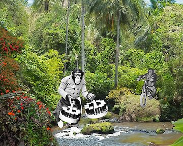 View of a river in the jungle. A monkey in black and white wears human clothes and two wreaths of beer and walks towards the river. Another comes through the bushes on a motorcycle. Both chimpanzees appear to have been collaged from other photos. Marta Bogdańska, The Bright Side, 2025, Collage aus KI-generiertem Bild und Archivfotos (Detail) © Marta Bogdańska